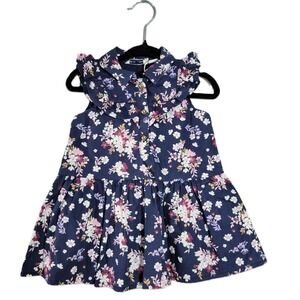 Janie and Jack Navy Floral Print Ruffle Collar Baby Dress 12/18 Months